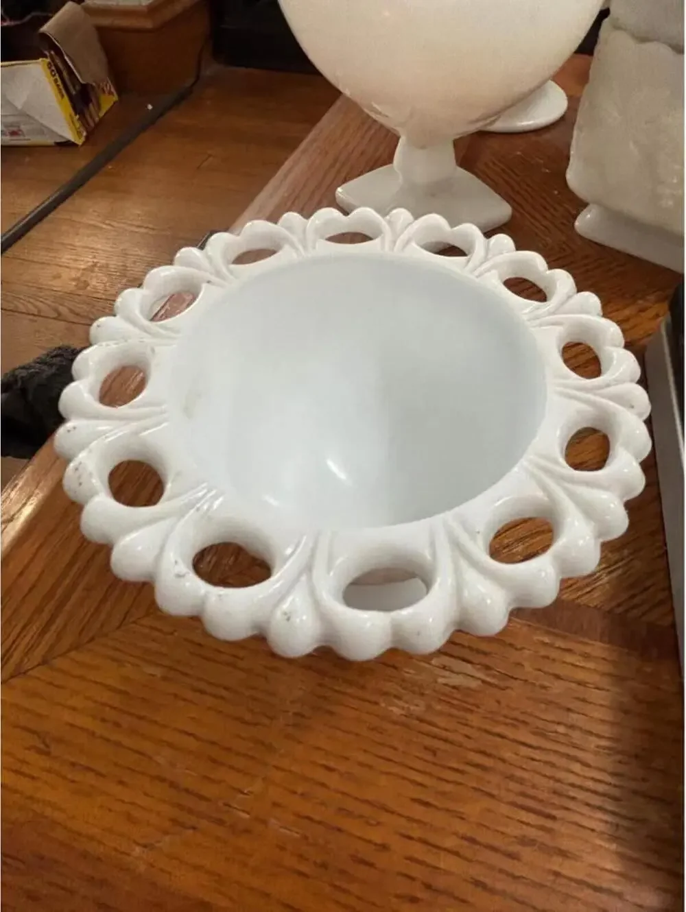 White Milk Glass Footed Bowl Lacy Edge
